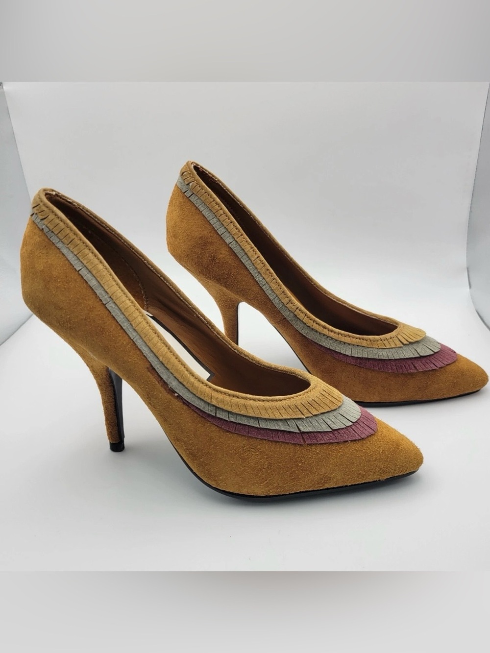 VTG  Deadstock Rush Hour Express Suede Tiered Fringe Pumps Heels Size 9B